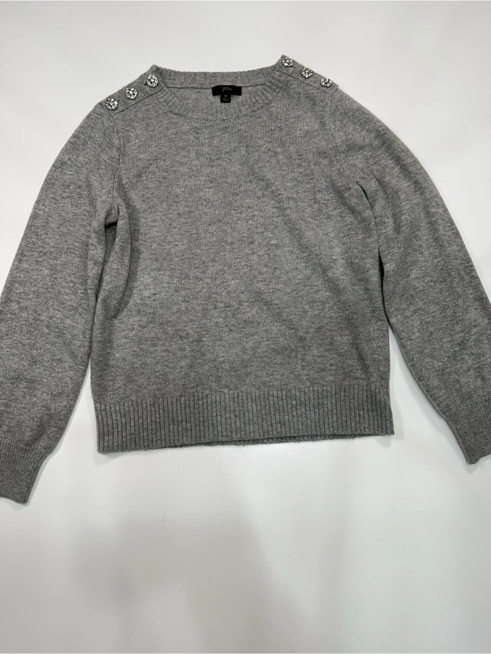 J. Crew Lambs Wool Blend Gray Crewneck Sweater with Shoulder Jewels